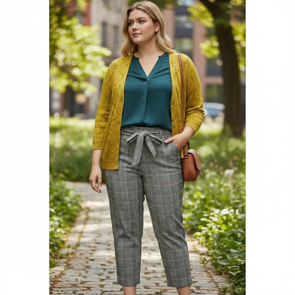 Lane Bryant 26P Plaid Belted Ankle Pants Mid Rise Stretch Dress Trousers NWT
